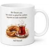Tupya Gift Simit ve Çay Temalı Nostaljik Baskılı Kupa Bardak Hediye Özel Tasarım - Adet - Beyaz