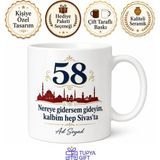 Tupya Gift Sivas Plakalı Gurbetçi Hediyesi Kupa Bardak | 58 Plaka Özel Tasarım Hediye - Adet - Beyaz