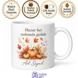 Tupya Gift Sonbahar Yaprakları ve Kabak Illüstrasyonlu Dingin Tasarım Çay Kupası Hediye Bardak - Adet - Beyaz
