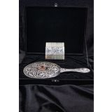 Turan Design.925 Ayar Gümüş Ayna ve Tarak seti, Hediyelik El Yapımı Kırmızı Doğal Taşlı Çiçek Desenli Orijinal Gümüş El Aynası ve Gümüş Kemik Tarak Seti