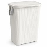 Turan Home 45 L Kapaklı Kirli Çamaşır Sepeti | Modern Çizgili Tasarım | Taşıma Kulplu | Dayanıklı Plastik | Banyo, Çamaşır Odası ve Yatak Odası İçin | 40 x 34 x 47 cm, Beyaz