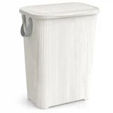 Turan Home 45 L Kapaklı Kirli Çamaşır Sepeti | Modern Çizgili Tasarım | Taşıma Kulplu | Dayanıklı Plastik | Banyo, Çamaşır Odası ve Yatak Odası İçin | 40 x 34 x 47 cm, Beyaz