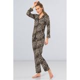 Türen Kadın Pijama Takımı, Erkek Yakalı Uzun Kol, Leopar Desen, L Beden