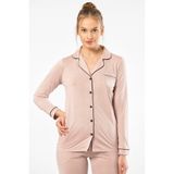 Türen Kadın Uzun Kollu Gömlek Yaka Pijama Takımı, Pudra, S Beden