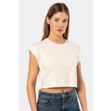 TÜREN Kadın Vatka Görünümlü Crop T-shirt Ekru 3402
