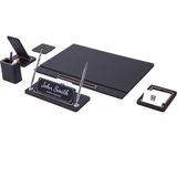 Turgut Office Capella Deri Sümen Takımı 6 Parça Kapaklı Model Masa Isimlikli - Tek Beden - Siyah - Deri ve Ahşap