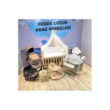 Turhan Bebe Ahşap Anne Yanı Beşik + Bebek Arabası + Puset + Otomatik Beşik + Yürüteç + Mama Sandalyesi + Çanta Gold/Kahve