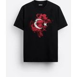 Türk Bayrağı Ay Yıldız Motifli Desenli Baskılı Özel Tasarım Unisex Tişört - Siyah - XL