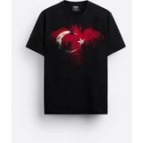 Türk Bayrağı Ay Yıldız Şahin Desenli Baskılı Özel Tasarım Unisex Tişört - Siyah - XL