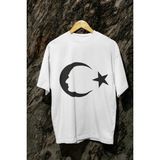 Türk Bayrağı Baskılı Bisiklet Yaka Tshırt - Beyaz - M
