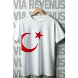 Türk Bayrağı Baskılı Oversize Bisiklet Yaka Beyaz Tshirt - M