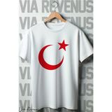 Türk Bayrağı Baskılı Oversize Bisiklet Yaka Beyaz Tshirt - XL