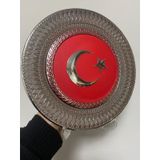 Türk Bayrağı Dekoratif Tabak, Gümüş Rengi Desenli Çerçeve, Kırmızı Ay Yıldız Motifli, 21 cm, Standlı