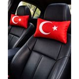 Türk Bayrağı Desenli, Oto Boyun Yastığı, Araç Yastığı, Koltuk Yastığı (2'li) - Kırmızı