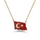 Türk Bayrağı Mineli Gümüş Kolye - Altın