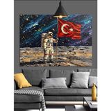 Türk Bayrağı Önünde Astronot Dekoratif Kanvas - Mdf Ahşap Tablo