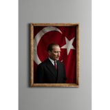 Türk Bayrağı Önünde Atatürk - Vintage Desenli Çerçeve - İnce Model, Altın1, 21 x 30