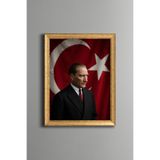 Türk Bayrağı Önünde Atatürk - Vintage Desenli Çerçeve - İnce Model, Altın3, 30 x 40