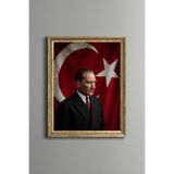 Türk Bayrağı Önünde Atatürk - Vintage Desenli Çerçeve - İnce Model, Altın4, 21 x 30