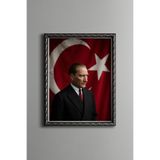 Türk Bayrağı Önünde Atatürk - Vintage Desenli Çerçeve - İnce Model, Gümüş, 30 x 40