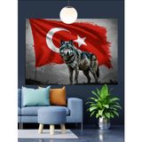Türk Bayrağı Önünde Kurt Dekoratif Kanvas - Mdf Ahşap Tablo