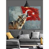 Türk Bayrağı Önünde Uluyan Kurt Dekoratif Kanvas - Mdf Ahşap Tablo