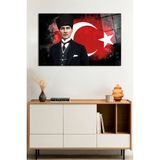 Türk Bayrağı ve Mustafa Kemal Atatürk Portresi Cam Tablo, Darbelere Dayanıklı Kırılmaz Cam Hediyelik - 90 x 60