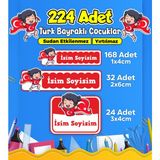 Türk Bayraklı Çocuklar Okul Kreş Kişiye Özel Isim Etiket Seti - Model 480