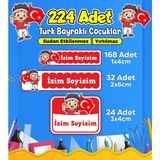 Türk Bayraklı Çocuklar Okul Kreş Kişiye Özel Isim Etiket Seti - Model 482
