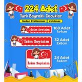 Türk Bayraklı Çocuklar Okul Kreş Kişiye Özel Isim Etiket Seti - Model 489