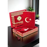 Türk Bayraklı Kuranı Kerim Hediyelik Set Pleksi Süslemeli Kadife Kutu, Bayrak Ve Tesbih