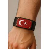 Türk Bayraklı Siyah Kırmızı Deri Bileklik | 3 Çıtçıtlı Unisex Tasarım – Hakiki Deri Modern Stil