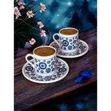 Türk Kahvesi Fincanı 2 Kişilik 4 Parça - 90 ml - Porselen - Nazar Boncukları Model