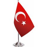 Türk Masa Bayrağı 15 x 23 cm – Çift Taraflı Baskılı Lüks Saten Kumaş – 33 cm Krom Direkli, 7.8 cm Ağır Metal Tabanlı – Ofis, Makam, Kurumsal Masa Üstü Için Şık Dekoratif Bayrak - 41 Delft Blue