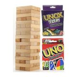 TURKAFONE Hece 54 Parça Ahşap Jenga Denge Oyunu + Uno Kart Oyunu + Unox Flip Kart Oyunu