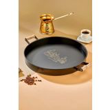 Turkco Dekoratif Metal Tepsi, Ahşap Kulp, Özel Desenli ve Mat Boya, 37cm