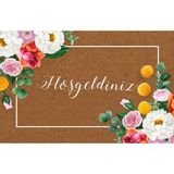Türkeli Kapı Önü Paspası Kaymaz Ağır Tabanlı Gül,çiçek Desen Hoş Geldiniz Dekoratif (45X70 Cm) Kod T2 - Kahve - Pembe