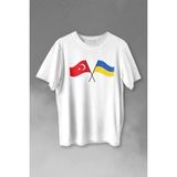 Turkey And Ukraine Türkiye ve Ukrayna Dostluğu Savaşa Hayır Baskılı Tişört Unisex T-Shirt - Beyaz
