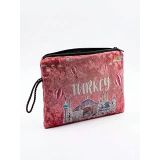 Turkey Yazılı Balon Cami Desenli Kadife El Çantası - Fermuarlı Pembe Çingene Kadife Makyaj Çantası, Seyahat Organizeri Pouch Hediyelik Cüzdan