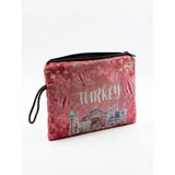 Turkey Yazılı Balon Ve Cami Desenli Kadife El Çantası - Fermuarlı Pembe Çingene Kadife Makyaj Çantası, Seyahat Organizeri Pouch Ve Hediyelik Cüzdan