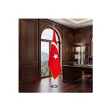 Türkiye Cumhuriyeti Ay Yıldız Direkli - Altın Saçaklı Saten Makam Bayrağı Seti (Krom Direk)