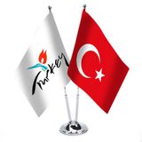 Türkiye - Turkey Logolu İkili Saten Masa Bayrağı