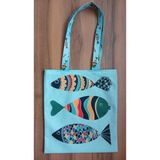 Turkuaz Balık Desenli Bez Plaj ve Omuz Çantası - 35X37