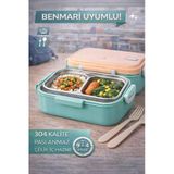 Turkuaz Benmarili Paslanmaz Çelik Yemek Kabı 2 Bölmeli Beslenme Kabı Saklama Kabı Lunch Box