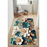 Turkuaz Çiçek Desenli Baskılı Kaymaz Yıkanabilir Salon Oturma Odası Mutfak Balkon Halısı Yolluk 200 X 250 Cm Turkuaz