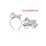 turkuaz parti Birthday Queen Gümüş Taç-Gözlük Set,happy birthday,doğum günü taç