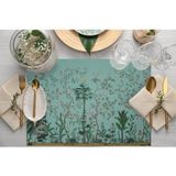 Turkuaz Renkli Çiçek Tasarımlı Kumaş Amerikan Servis 4'lü Set - Ulusl. Yıkama ve Solmama Sertifikası - 35 x 50 cm - Çok Renkli