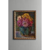 Turkuaz Vazoda Renkli Çiçekler - Vintage Desenli Çerçeve - İnce Model, Altın2, 15 x 21