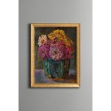 Turkuaz Vazoda Renkli Çiçekler - Vintage Desenli Çerçeve - İnce Model, Altın3, 15 x 21