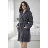 Türkühome Kapüşonlu Kadın Wellsoft Bornoz - Sabahlık - L - XL - Gri